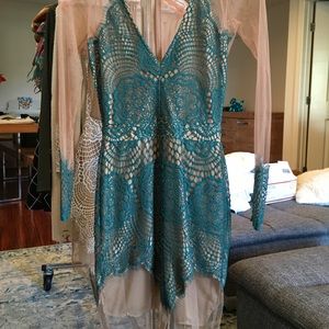 For Love & Lemons XS lace green nude mini dress
